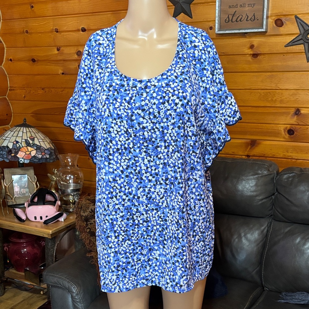 MICHAEL Michael Kors Blue Floral Scoop Neck Blouse, Ruffled Sleeves